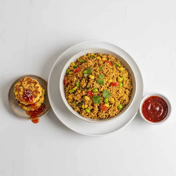 Curried Vegetable Edamame Fried Rice with Thai Corn Cakes & Sweet Chilli Sauce